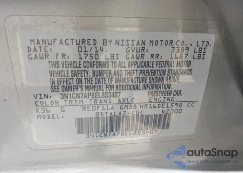 2014 Nissan Versa 1.6 S+ z USA, uszkodzony, nr VIN 3N1CN7AP8EL853407